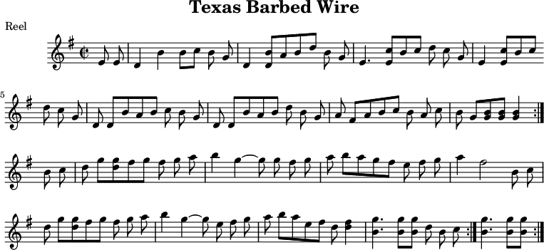 
X:1
T:Texas Barbed Wire
M:C|
L:1/8
R:Reel
K:G
EE|D2 B2 BcBG-|D2 [DB]A BdBG-|E3 [Ec]B cdcG-|E2 [Ec]B cdcG-|
DD BA BcBG-|DD BA BdBG|AFAB cBAc|BG[GB][GB][G2B2]:|
Bc|dg[dg]f gfga|b2g2- gg-fg|abag fefg|a2f4Bc|
dg[dg]f gfga|b2g2- ge-fg|abae- fd[d2f2]|1 [B3g3][Bg] [Bg]dBc:|2[B3g3][Bg] [Bg]:|
