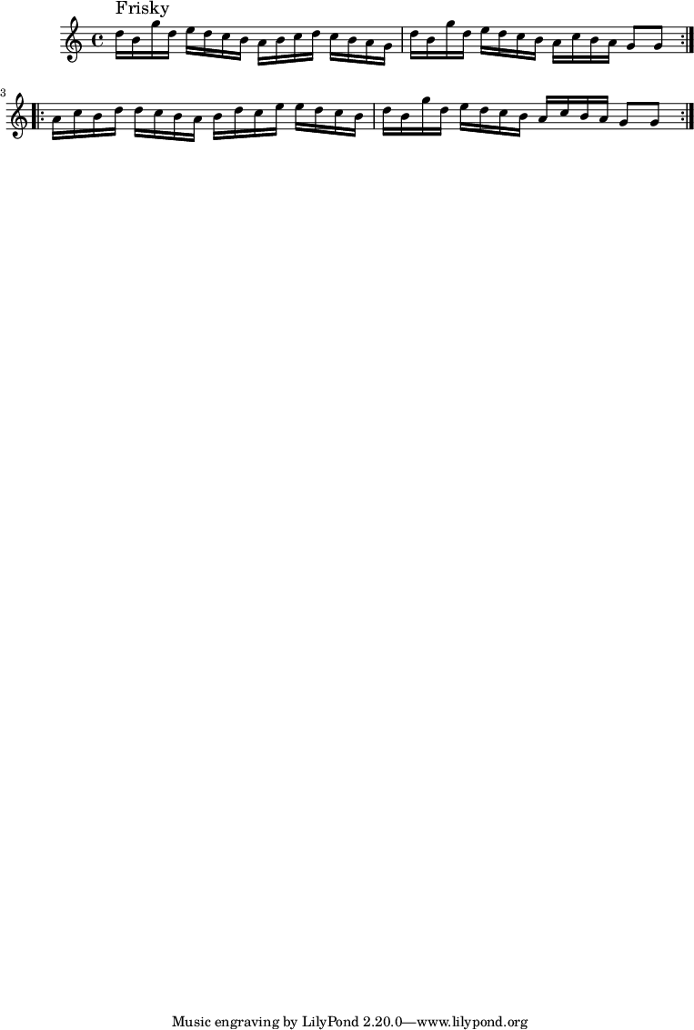 
\version "2.18.2"
\relative c'' { \repeat volta 2{
    	   	   \stemDown d16^\markup{ \fontsize #2.1 {  \hspace #0 {\raise #0.5 {Frisky}}}} b g' d e d c b|  
       		a b c d  c b a g|
       		d' b g' d e d c b|
       		a c b a \stemUp g8 g\stemNeutral  \break		
       		}
       	   
       	   \repeat volta 2 {	
       	   	a16 c b d d c b a| 
       		b d c e e d c b|
       		d b g' d e d c b|
       		a c b a \stemUp g8 g\stemNeutral  \break
       		}
       	   }	

